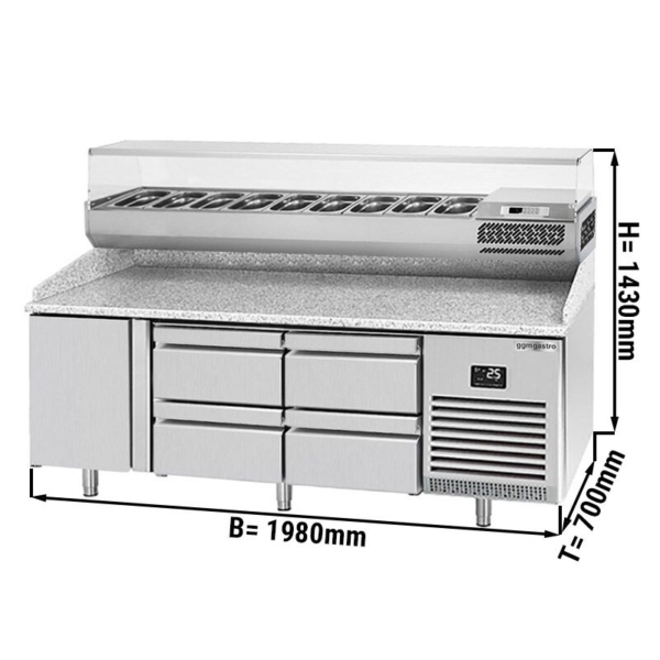 Table réfrigérée pour pizza Premium PLUS - 1980x700mm - avec 1 porte & 4 tiroirs - vitrine réfrigérée incluse - 9x GN 1/4