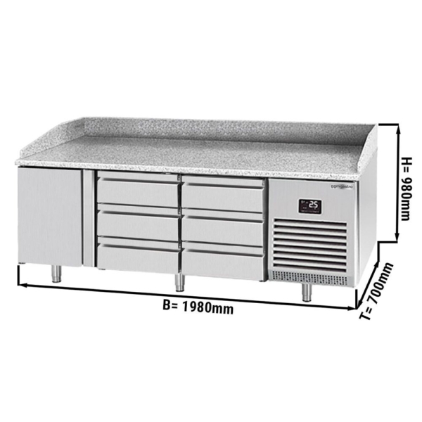 Table réfrigérée pour pizza Premium PLUS - 1980x700mm - avec 1 porte & 6 tiroirs