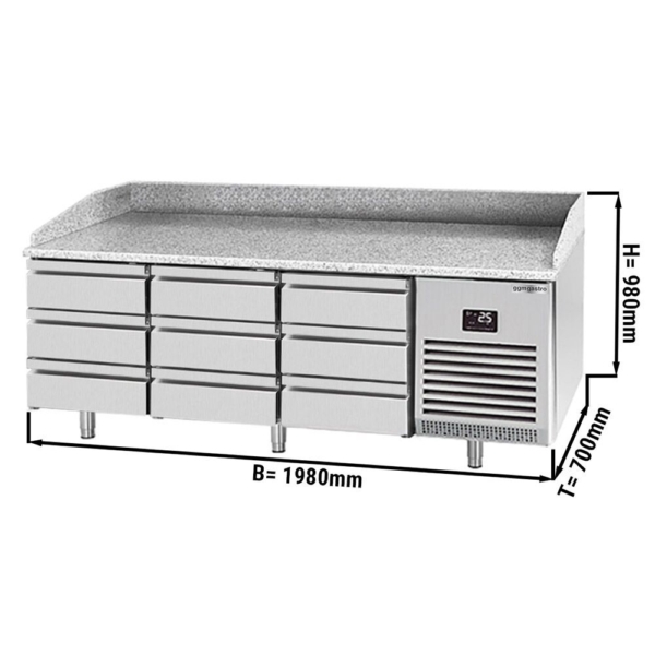 Table réfrigérée pour pizza Premium PLUS - 1980x700mm - avec 9 tiroirs