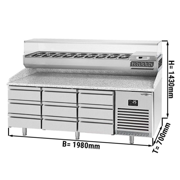 Table réfrigérée pour pizza Premium PLUS - 1980x700mm - avec 9 tiroirs - vitrine réfrigérée incluse - 9x GN 1/4