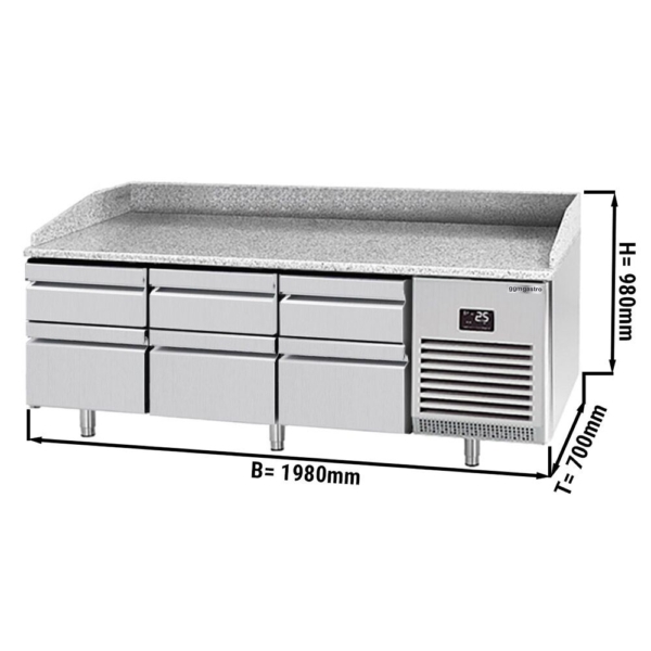Table réfrigérée pour pizza Premium PLUS - 1980x700mm - avec 6 tiroirs