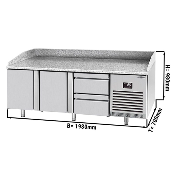 Table réfrigérée pour pizza Premium PLUS - 1980x700mm - avec 2 portes & 2 tiroirs