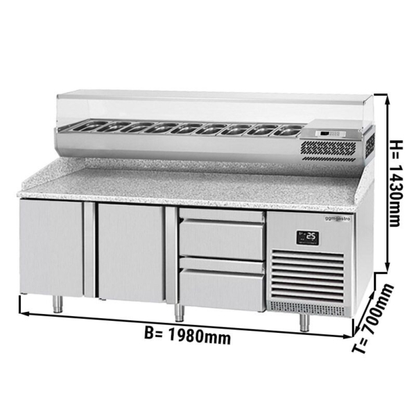 Table réfrigérée pour pizza Premium PLUS - 1980x700mm - avec 2 portes & 2 tiroirs - vitrine réfrigérée incluse - 9x GN 1/4