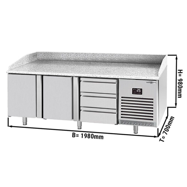 Table réfrigérée pour pizzas Premium PLUS - 1980x700mm - avec 2 portes & 3 tiroirs