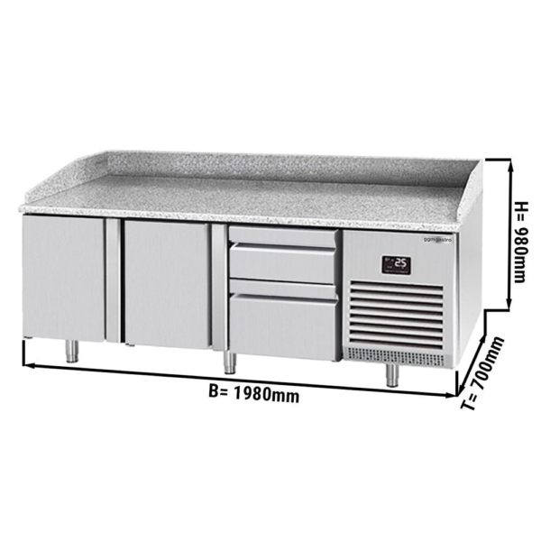 Table réfrigérée pour pizza Premium PLUS - 1980x700mm - avec 2 portes & 2 tiroirs