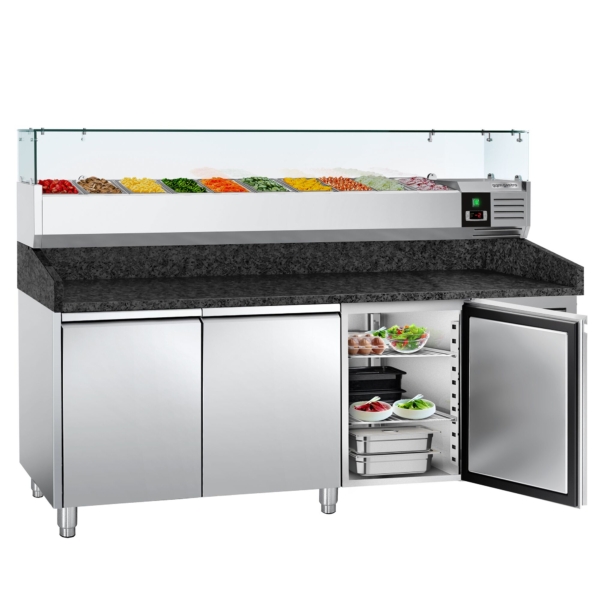 Table réfrigérée pour pizza PREMIUM - 2000x800mm - avec 3 portes - Vitrine réfrigérée incluse - 9x GN 1/3