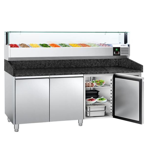 Table réfrigérée pour pizza PREMIUM - 2000x800mm - avec 3 portes - incl. Vitrine réfrigérée LED - 10x GN 1/4