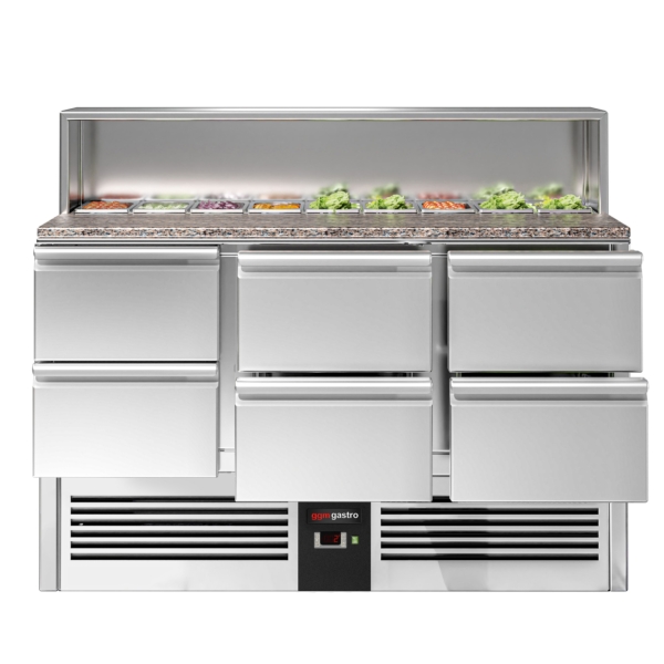 Saladette PREMIUM - 1368mm - Rehausse inox - 8x GN 1/6 - 6 tiroirs