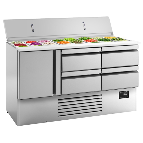 Saladette Premium PLUS - 1460mm - 1 porte & 4 tiroirs - Entrée pour bacs GN