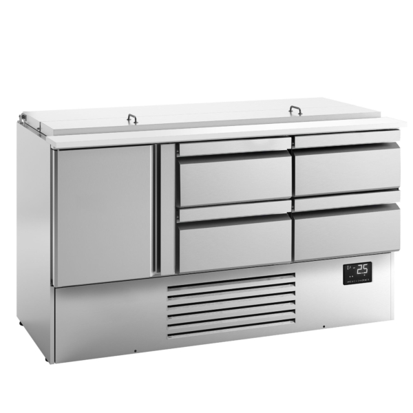 Saladette Premium PLUS - 1460mm - 1 porte & 4 tiroirs - Entrée pour bacs GN