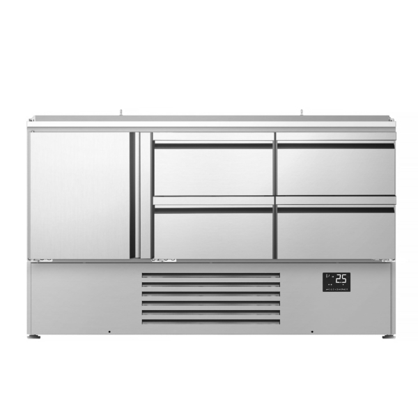 Saladette Premium PLUS - 1460mm - 1 porte & 4 tiroirs - Entrée pour bacs GN