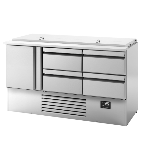 Saladette Premium PLUS - 1460mm - 1 porte & 4 tiroirs - Entrée pour bacs GN