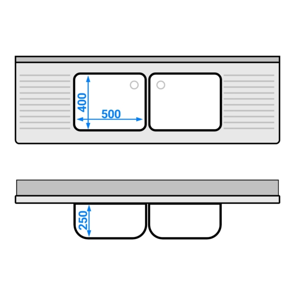 Evier PREMIUM - 1800x600mm - avec 2 bacs au centre