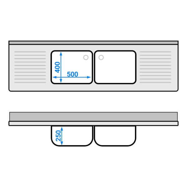 Evier PREMIUM - 2000x600mm - avec 2 bacs au centre