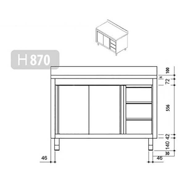 Armoire de travail en inox PREMIUM - 2000x600mm - avec 3 tiroirs à droite & rebord