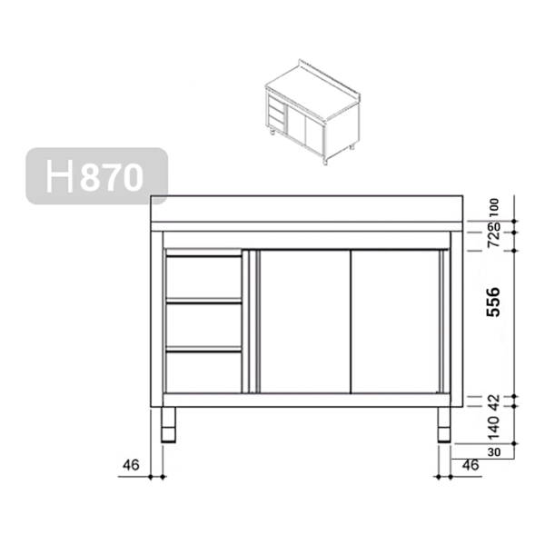 Armoire de travail inox PREMIUM - 2000x600mm - avec 3 tiroirs à gauche & rebord