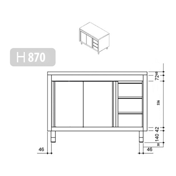 Armoire de travail en inox PREMIUM - 2000x600mm - avec 3 tiroirs à droite sans rebord