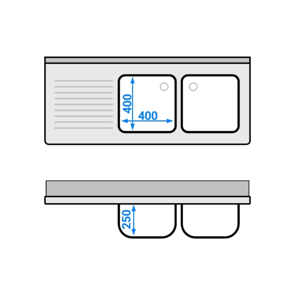 Evier PREMIUM - 1400x600mm - avec fond & 2 bacs à droite