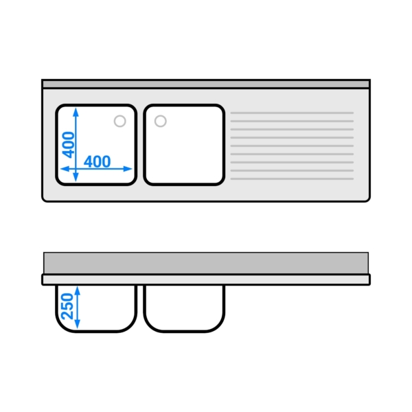 Evier PREMIUM - 1600x600mm - avec fond & 2 bacs à gauche