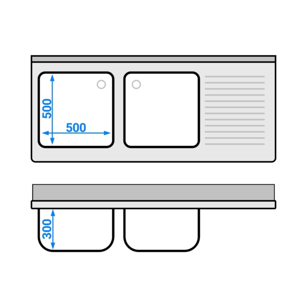 Evier PREMIUM - 1600x700mm - avec fond & 2 bacs à gauche