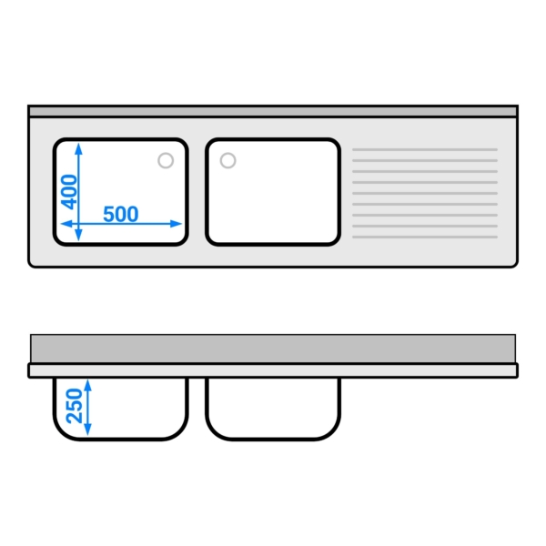 Evier PREMIUM - 1800x600mm - avec fond & 2 bacs à gauche