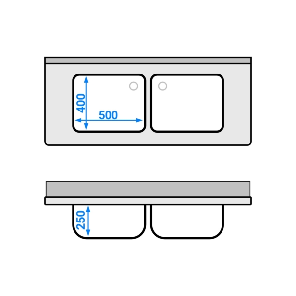 Evier PREMIUM - 1400x600mm - avec fond & 2 bacs au centre