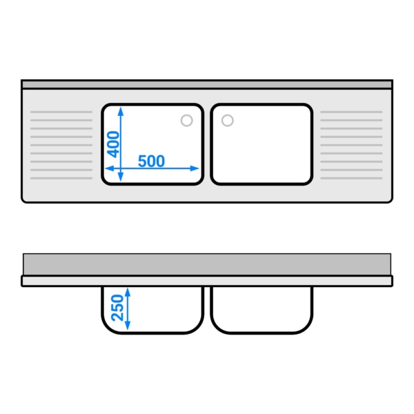 Evier PREMIUM - 1800x600mm - avec fond & 2 bacs au centre