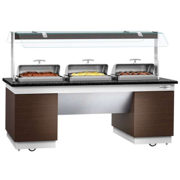 Comptoir buffet DUBLIN - 2300mm - avec 3 chafing dishes & roulettes