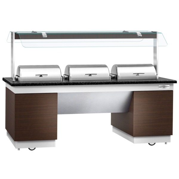 Comptoir buffet DUBLIN - 2300mm - avec 3 chafing dishes & roulettes