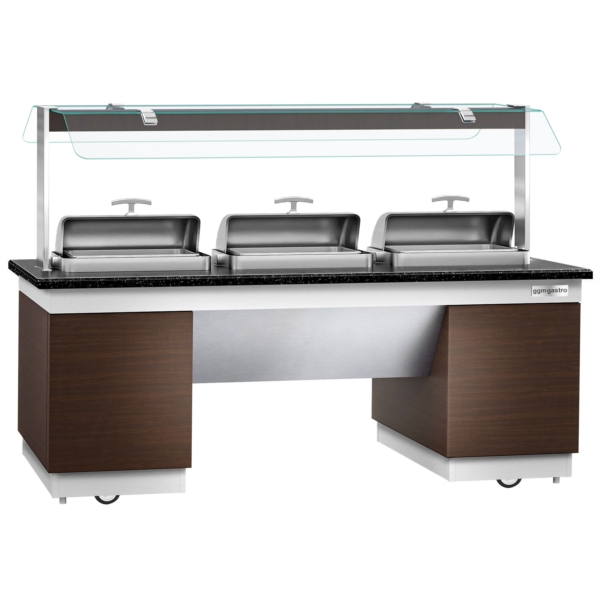 Comptoir buffet DUBLIN - 2300mm - avec 3 chafing dishes & roulettes