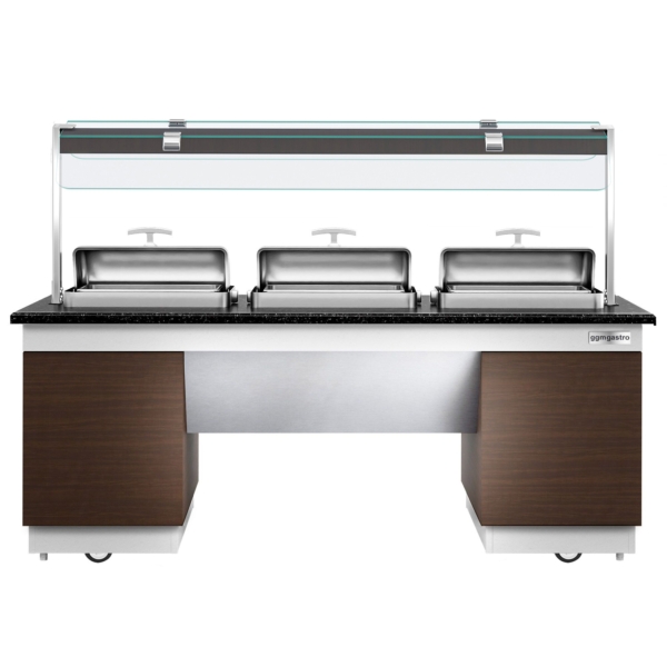 Comptoir buffet DUBLIN - 2300mm - avec 3 chafing dishes & roulettes