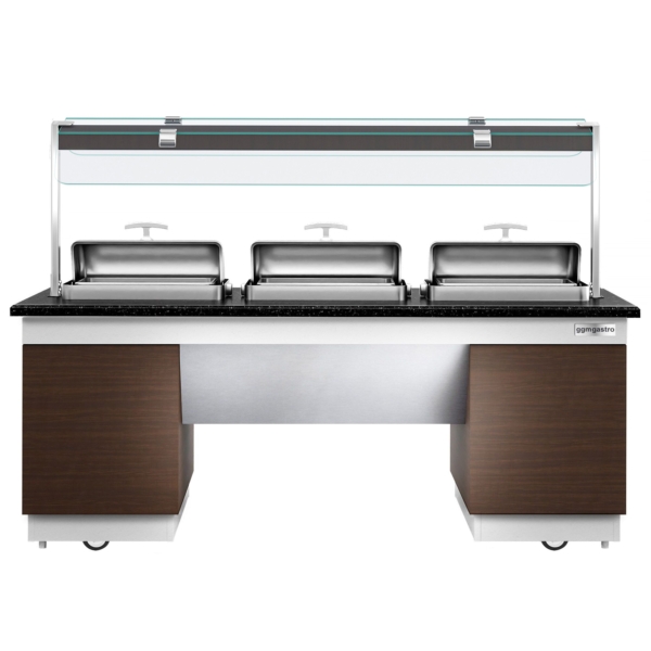 Comptoir de buffet DUBLIN - 2300mm - avec 3 Chafing Dishes & Roulettes