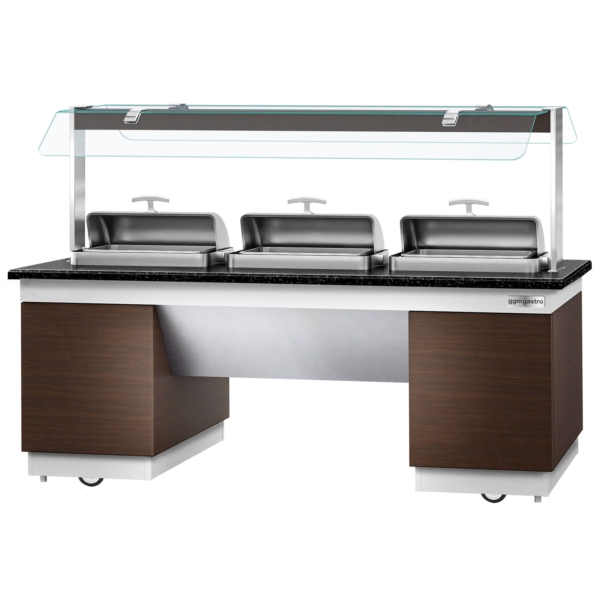 Comptoir de buffet DUBLIN - 2300mm - avec 3 Chafing Dishes & Roulettes