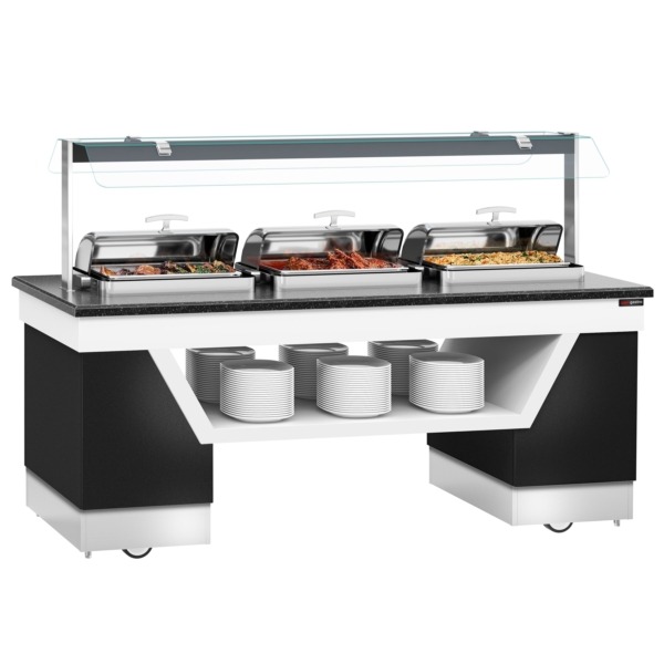 Comptoir buffet chaud BELFAST - 2300mm - avec 3 chafing dishes & roulettes