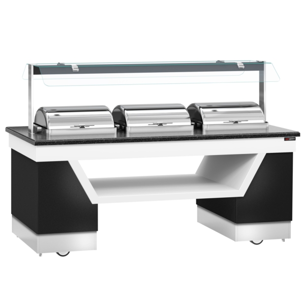 Comptoir buffet chaud BELFAST - 2300mm - avec 3 chafing dishes & roulettes