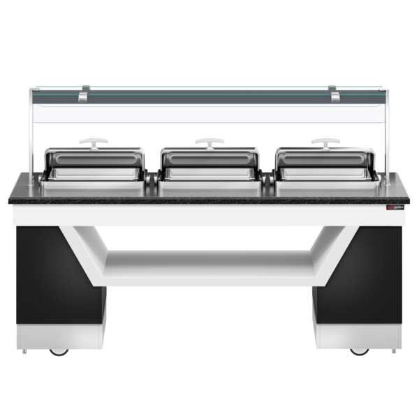 Comptoir buffet chaud BELFAST - 2300mm - avec 3 chafing dishes & roulettes