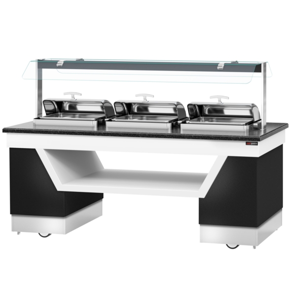 Comptoir buffet chaud BELFAST - 2300mm - avec 3 chafing dishes & roulettes