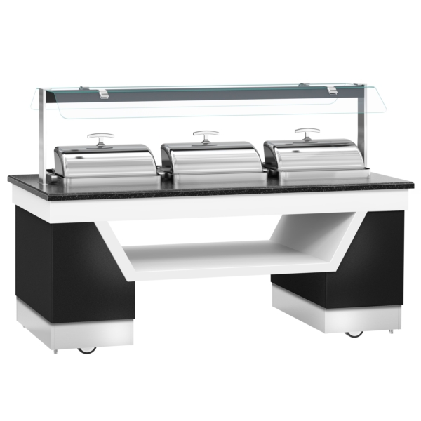 Comptoir buffet chaud BELFAST - 2300mm - avec 3 chafing dishes & roulettes