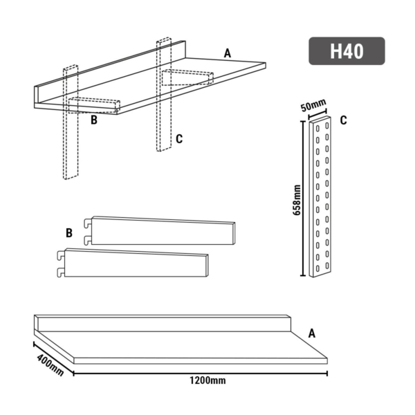 Tablettes murales PREMIUM - 1200x400mm - avec 2 étagères