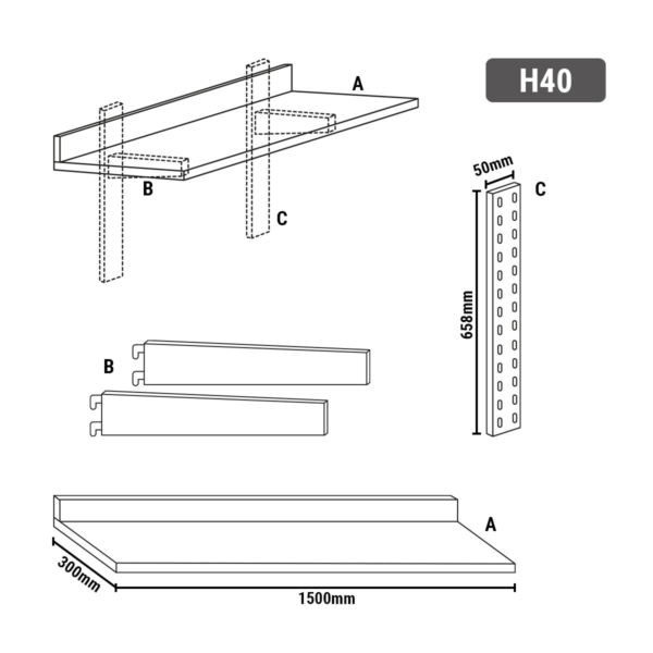 Tablettes murales PREMIUM - 1500x300mm - avec 3 étagères