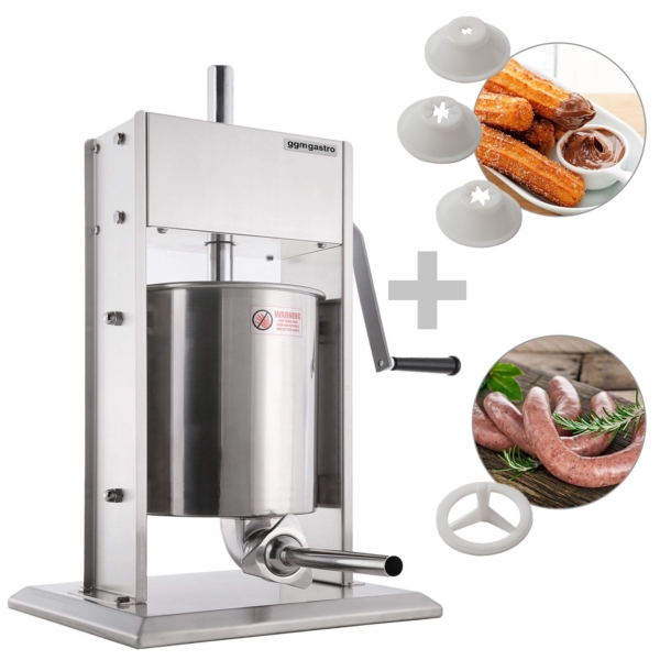 Remplisseur de saucisses manuel et machine à churros - 10 litres - en acier inoxydable - avec 4 embouts pour saucisses et 3 embouts pour churros