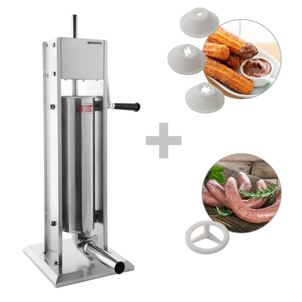 Remplisseur de saucisses manuel et machine à churros - 3 litres - Acier inoxydable - avec 4 embouts pour saucisses et 3 embouts pour churros