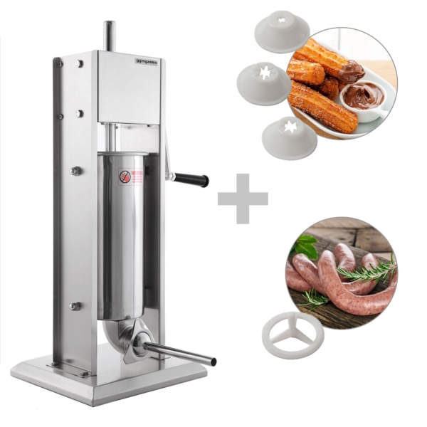 Remplisseur de saucisses manuel et machine à churros - 5 litres - Acier inoxydable - avec 4 embouts pour saucisses et 3 embouts pour churros