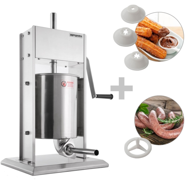 Remplisseur de saucisses manuel et machine à churros - 7 litres - Acier inoxydable - avec 4 embouts pour saucisses et 3 embouts pour churros