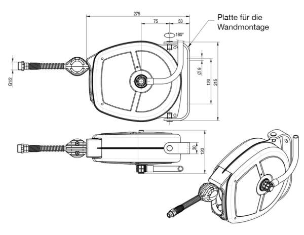 Enrouleur de tuyau - 5m - avec boîtier, douchette de lavage & pistolet nito