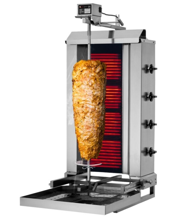 Grill électrique pour gyros/döner - Mobile - 4 brûleurs - max. 60 kg - Portes battantes incluses