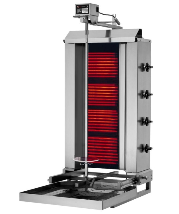 Grill électrique pour gyros/döner - Mobile - 4 brûleurs - max. 60 kg - Portes battantes incluses