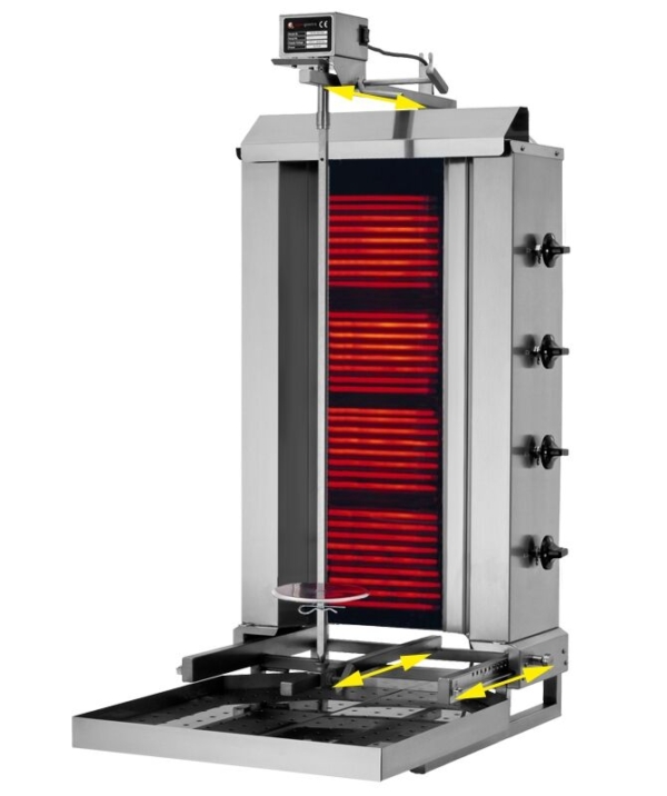 Grill électrique pour gyros/döner - Mobile - 4 brûleurs - max. 60 kg - Portes battantes incluses