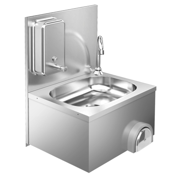 Lavabo - en acier inoxydable - avec robinet, commande par genou et distributeur de savon