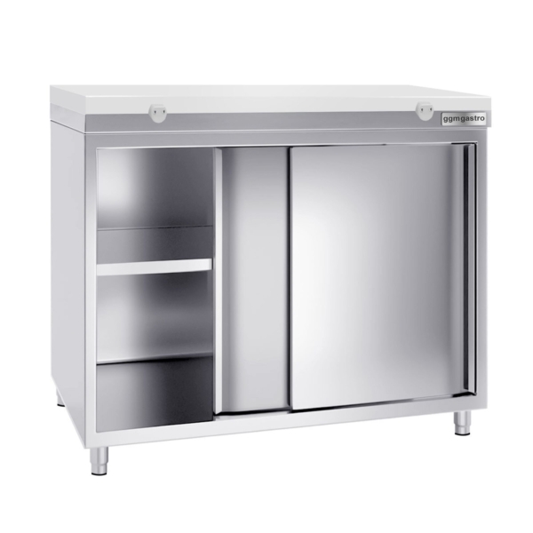 Armoire de travail en inox PREMIUM - 1000x800mm - avec porte coulissante sans rebord y compris plaque de découpe